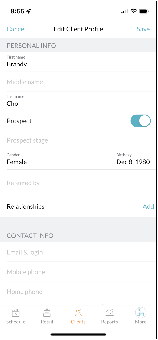 Client profile (Business app, iOS)