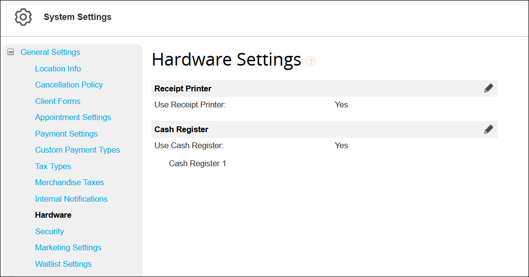 Hardware Settings: How to enable receipt printers and cash 
