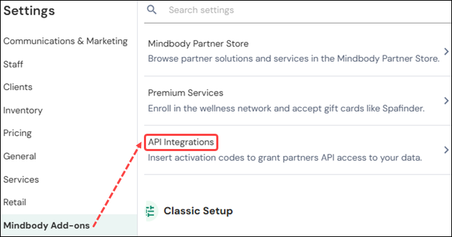 API Integrations screen