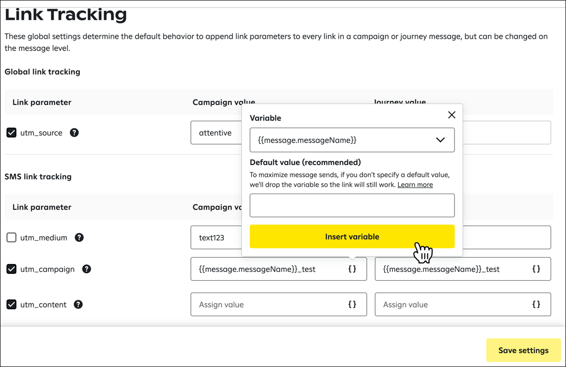 Set up global link tracking (Attentive SMS & Email)