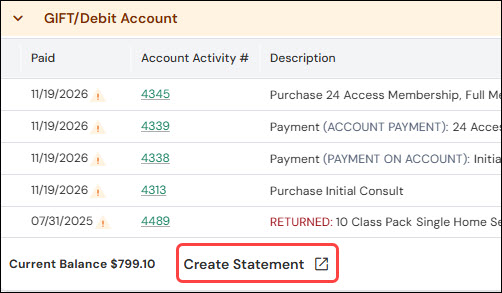 Managing account balances in the GIFT/Debit Account section of the ...