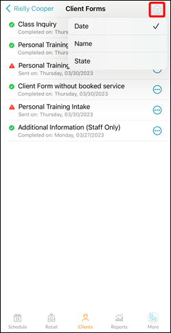 Client forms (Mindbody Business app)