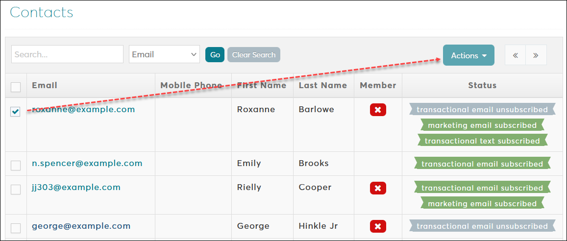 Browse Contacts screen (Marketing Suite)