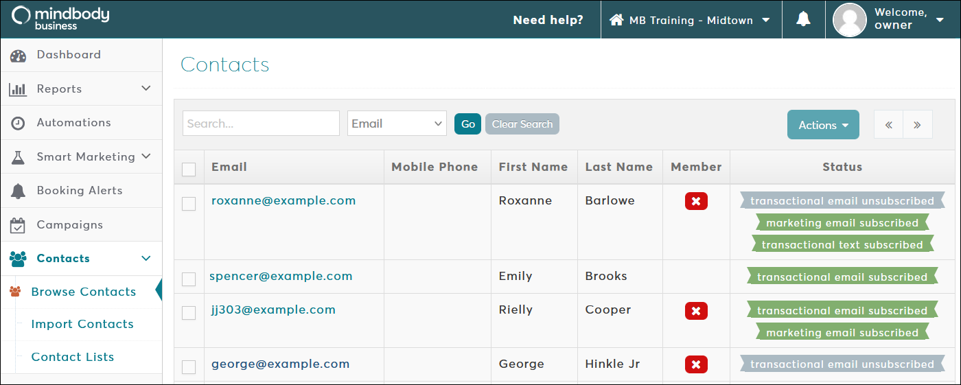 Browse Contacts screen (Marketing Suite)
