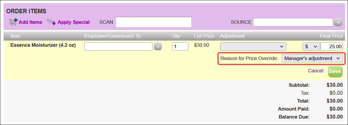 How to override a price (Booker Version 1)
