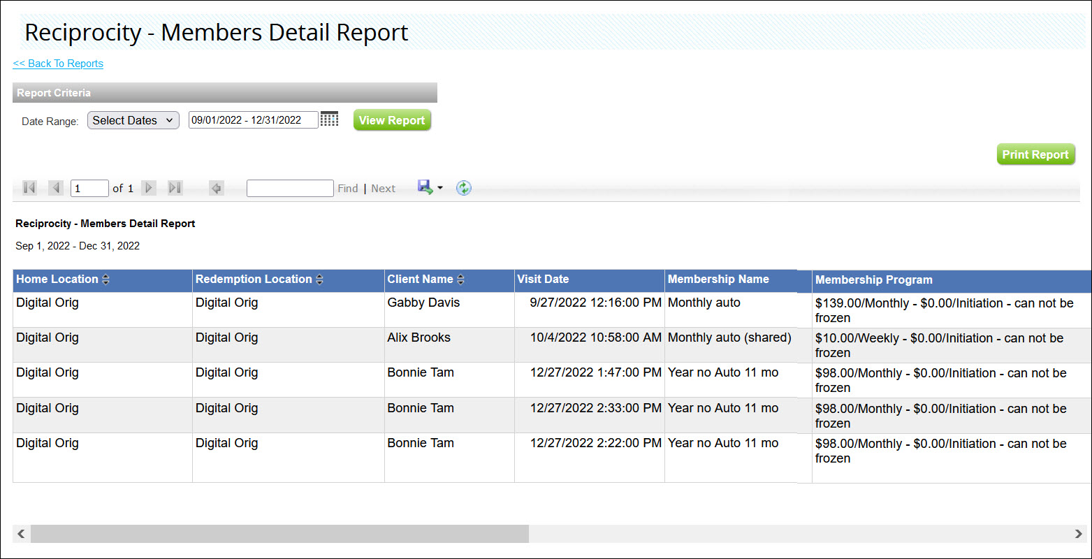 Reciprocity Members Details Report (Booker)