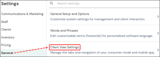 Client View Settings screen