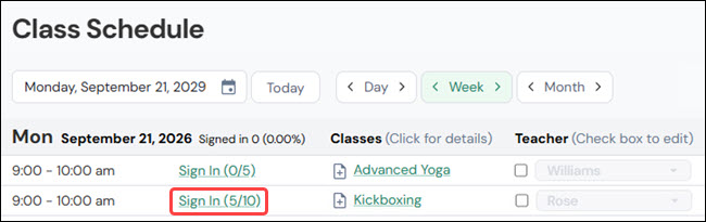 Class Sign In screen