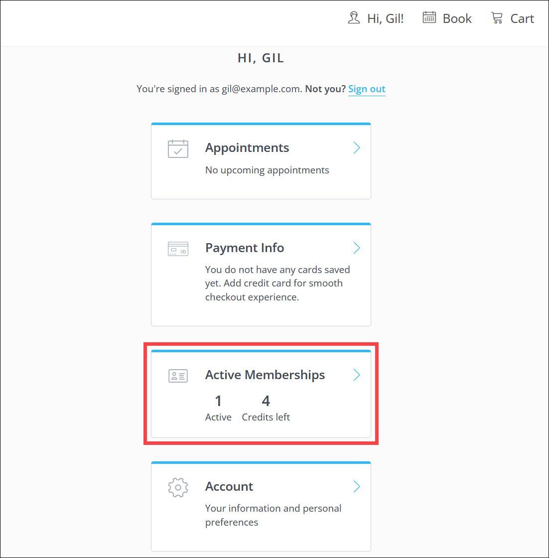 Responsive Online Booking Sites: Active Memberships tab on the Account ...
