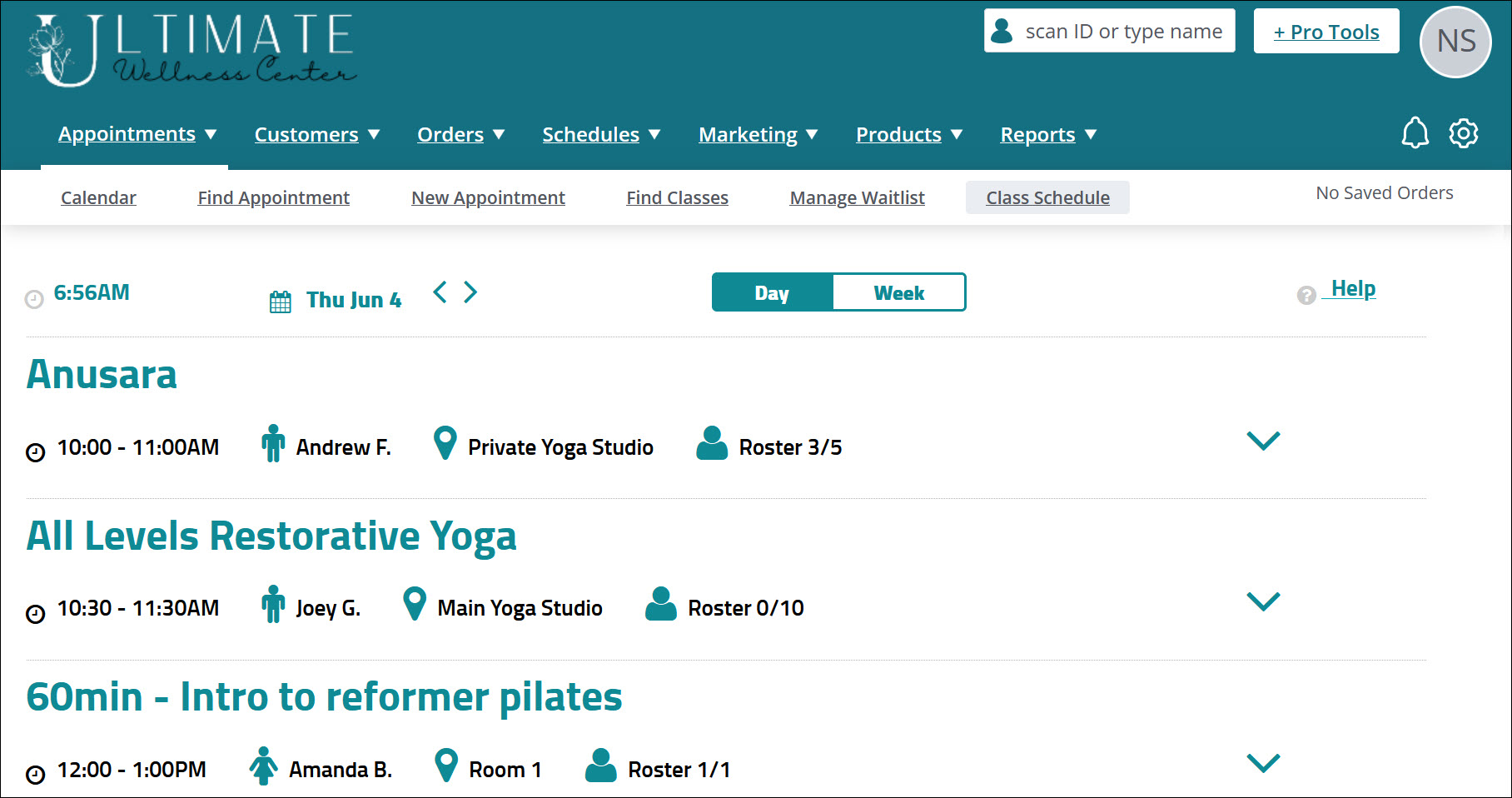 Class Schedule subtab (Booker Version 1)