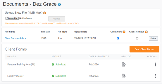 Client Documents screen