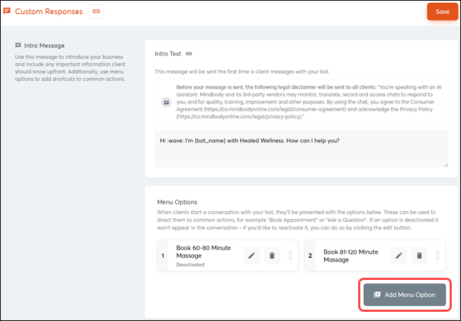 How to add menu options to the bot's intro message (Messenger[ai])