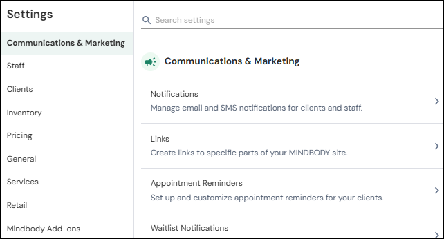 Settings screen overview