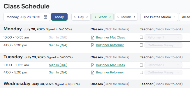 Class Schedule screen overview