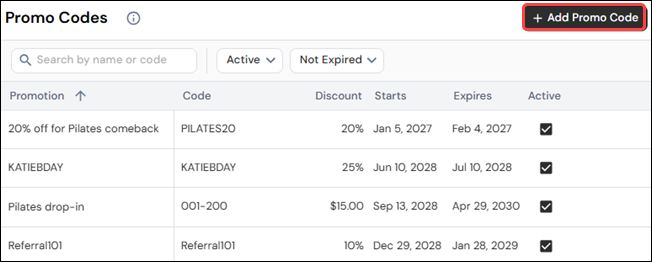 Promo Codes screen